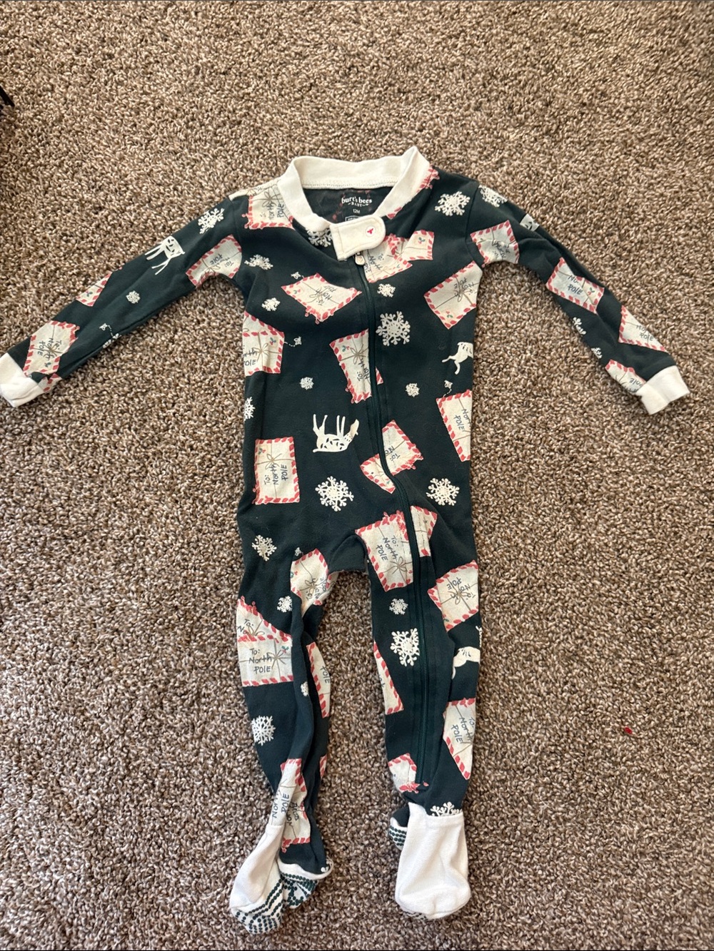 Soft Dark Green Holiday Footed One-Piece Pajamas with Snowflake & Postcard Print